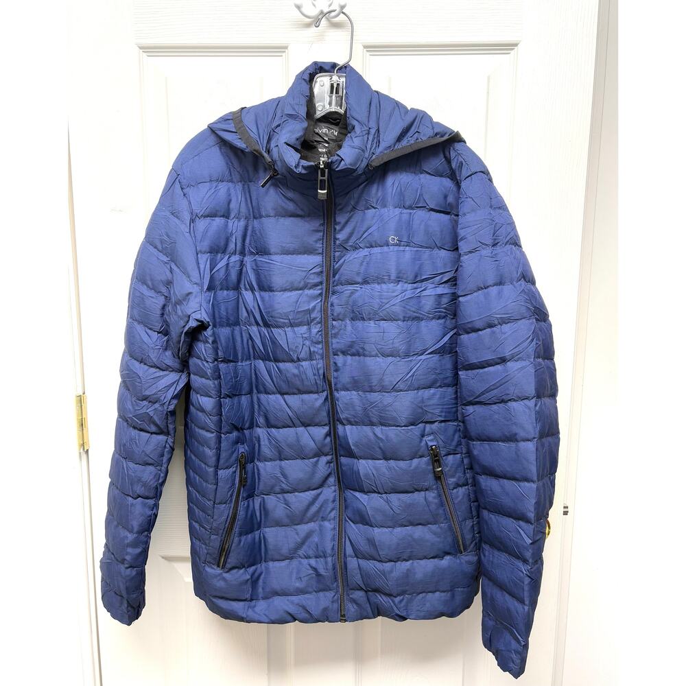 Calvin Klein Jacket Puffer Coat Navy Blue Detachable Hood Women’s Size M